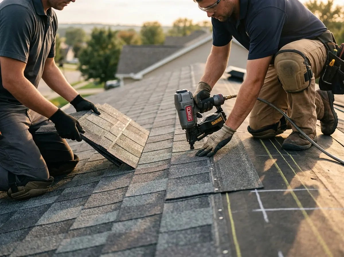 Professional roofer working on a residential roof in Acton